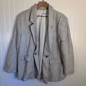 Old Navy Women's Linen Blend Striped Blazer Jacket Gray and White Size Large